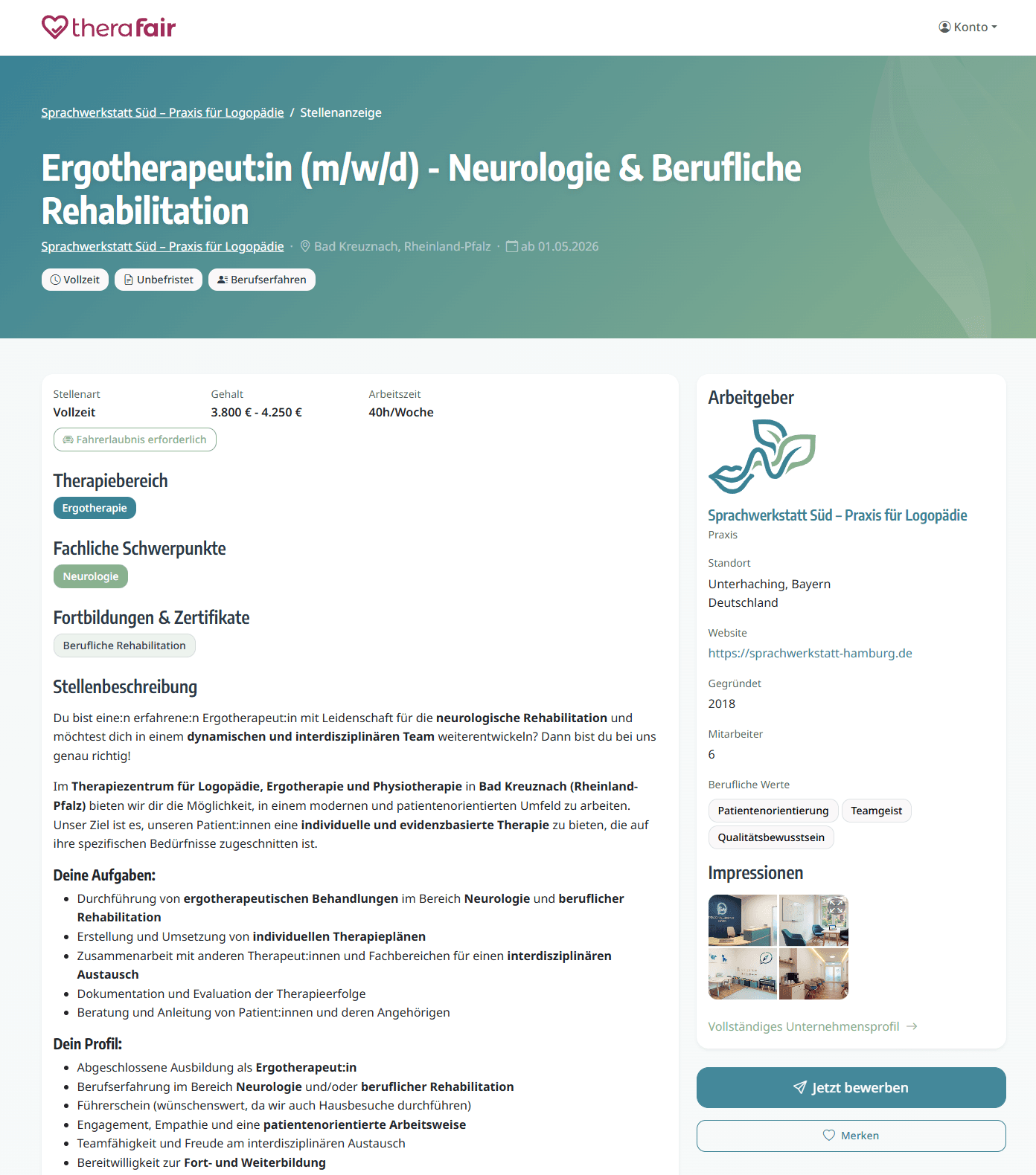 Landingpage Vorschau für TheraFair Stellenanzeigen